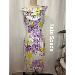 Kate Spade Floral Dress Size 6 Purple Yellow Ruffle Neck Summer Cocktail